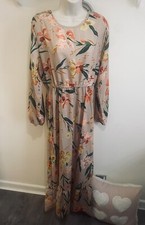 NEW Peachy Leaf Floral LONG maxi dress crew neck 14 (XL) Frill TALL Oriental 🌟