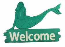 Wood Mermaid Wall Signage Decor Green Welcome Sign Nautical Sea Sirens Enter