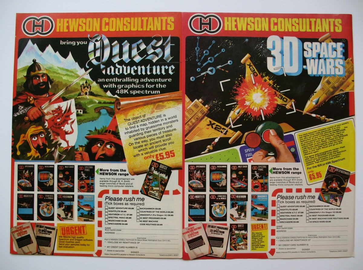 vintage game advert zx spectrum 3d space wars game quest adventure