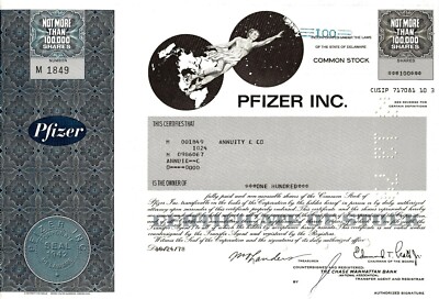 Pfizer Delaware, 1978 die Pharma-Aktie (100 Shares) blau