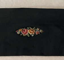 Vintage Embroidered Black Change / Coin Purse, Small Cosmetic Bag, Brass Zipper