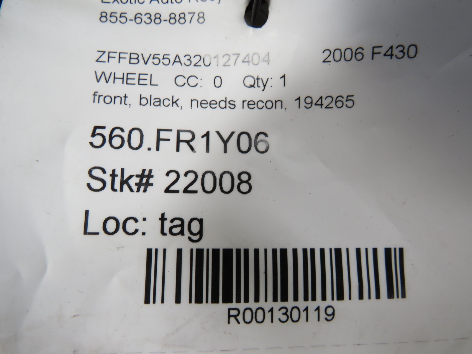 Ferrari F430, Front Wheel, Black, Bent/Damaged, Used, P/N 194265