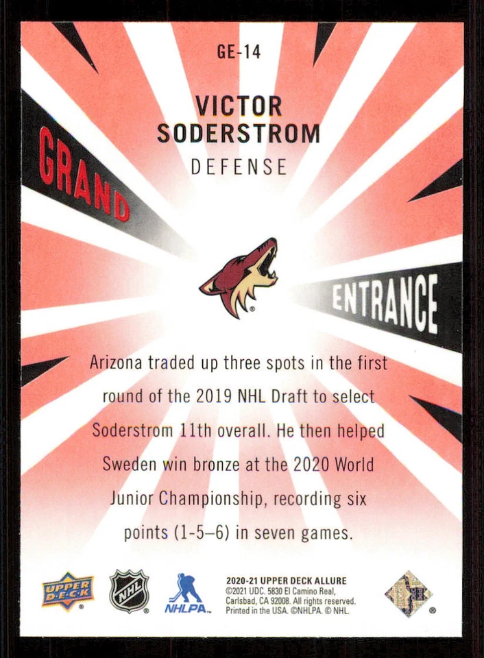 2020-21 Upper Deck Allure Grand Entrance Red #GE14 Victor Soderstrom - Image 2 of 2