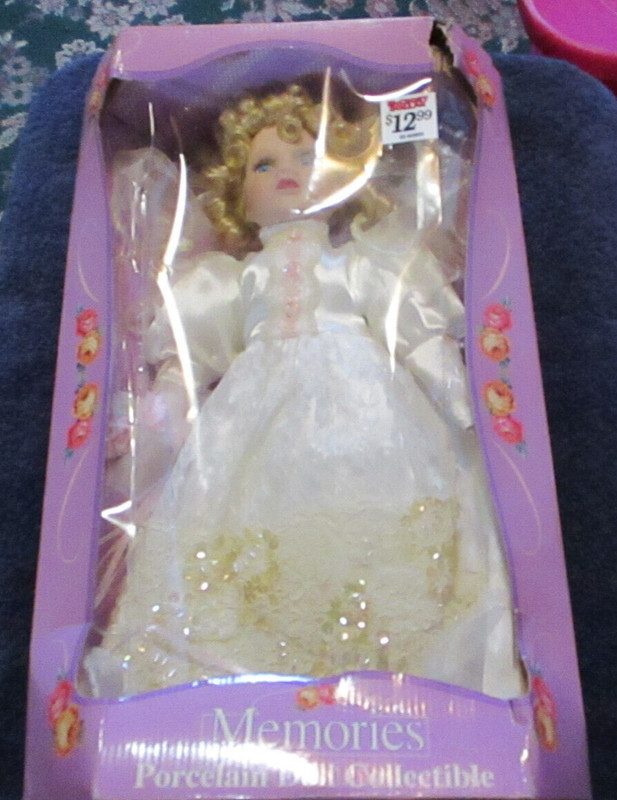 VTG. Memories Painted Fine Bisque Porcelain Doll Poseable w Stand McCrory Stores