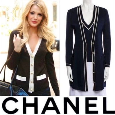 3K Chanel 2014 Blue White Cardigan Sweater Top 36 38 40 4 6 8