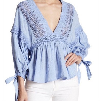 Free People Sorelle Lace V-Neck Top Blue Small Bohemian Romantic Delicate