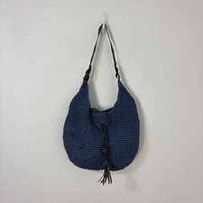 Woven Straw Hobo Purse Coastal Boho Womens Bag Summer Beach Nautical Tassel Blue