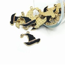 1, 4, 20 or 50 Pieces: Black Enamel Witch Hat Charms with Skull - US Seller