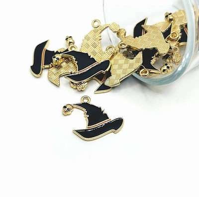 Black Enamel Witch Hat Charms with Skull Tassel, 19x22mm - US Seller