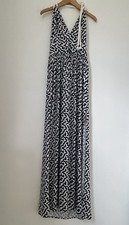Milly NY Tie Back Halter Maxi Knit Dress Size M White/Blue Print