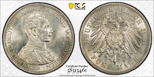 1914 A Kingdom of Prussia Wilhelm II 5 Mark PCGS MS62