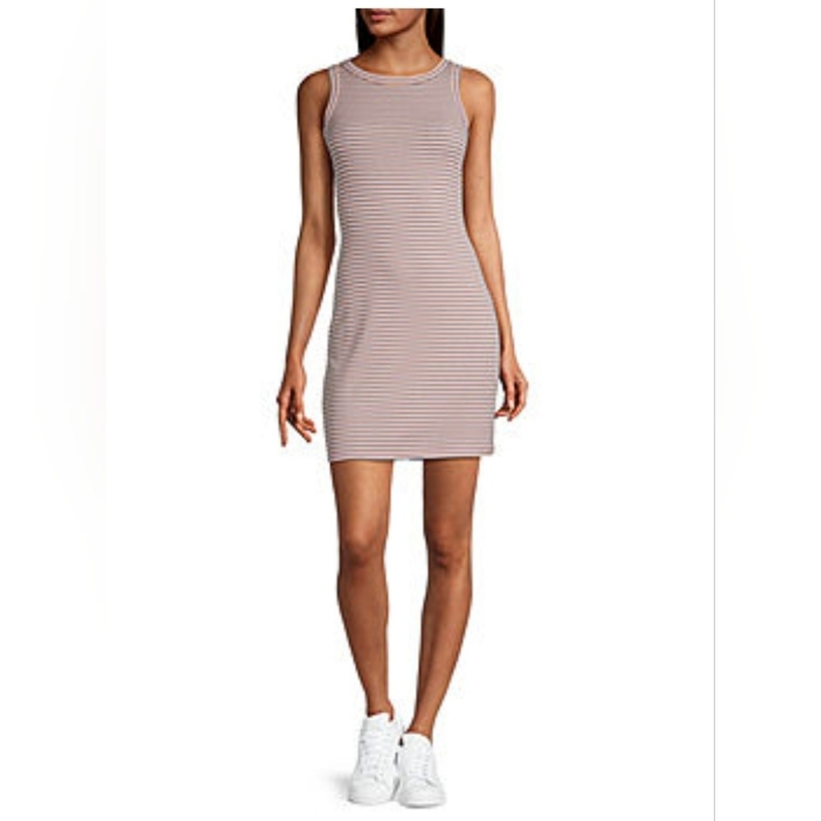 Arizona Women's Junior Sleevless T-Shirt Tank Ribbed Dress in Pink Blue Stripe