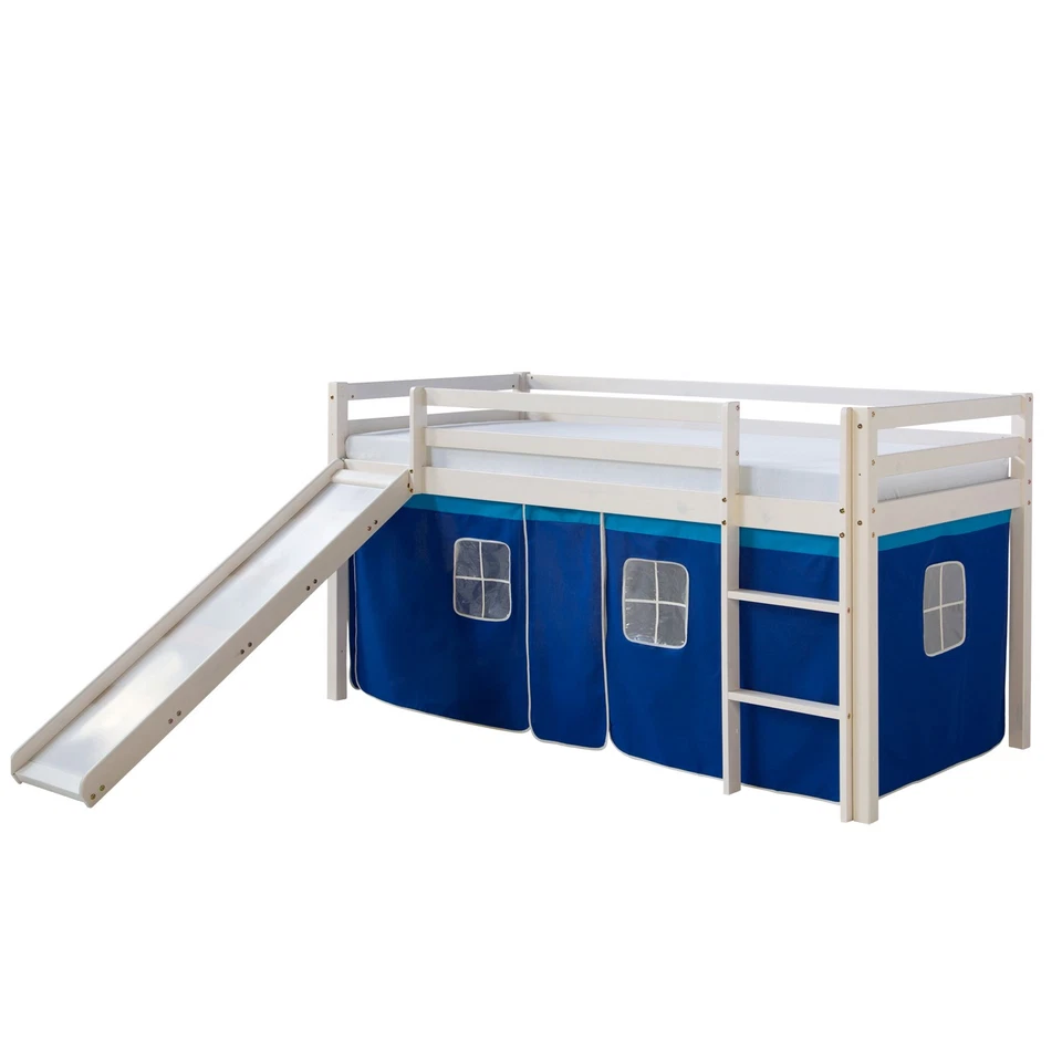 Lit mezzanine enfant 90x200 pin massif blanc avec toboggan rideau Homestyle4u - Photo 2/4