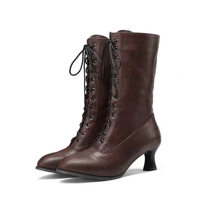 Women s Cross-Front Lace-Up Mid-Calf Boots | Low-Heeled PU Leather Casual Footwe