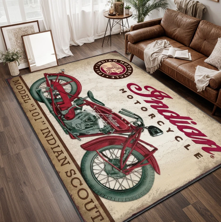 Vintage Motorcycle Area Rug, Retro Style Motorcycle Lover Gift