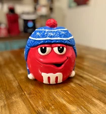 M&Ms Candy Red Character Candy/Cookie Jar Container w Knit Blue Winter Hat 2003