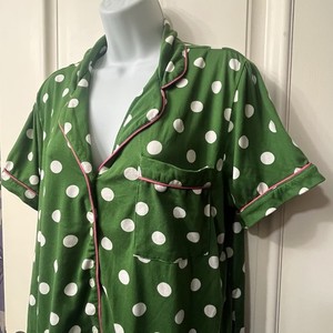 Kate Spade Pajama Set Green White Polka Dots Pink Piping Cute Preppy Size Medium