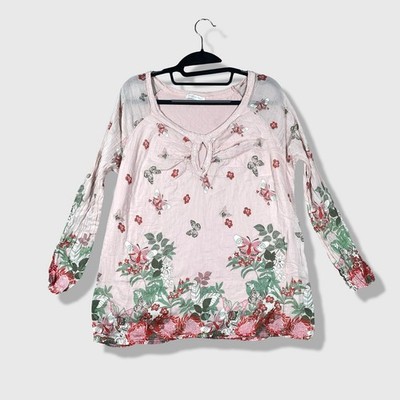 Daisy Tunic Top Womens L Pink Butterfly Floral Silk Blend Boho Made in Italy