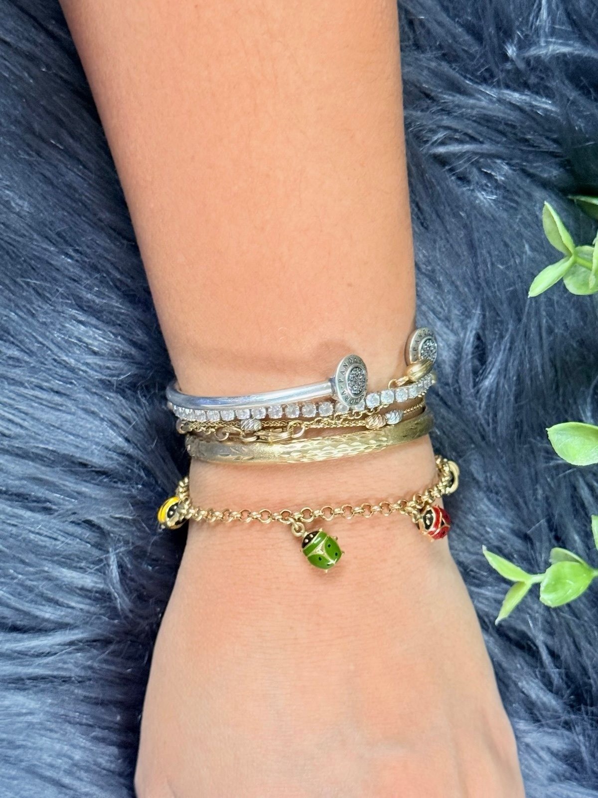 14K Gold 7-Multicolor Ladybug Charm Bracelet - image 8