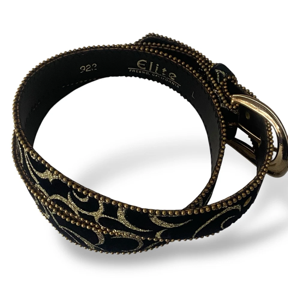 VTG USA Elite Belt Black Velvet Gold Glitter Glam Dress Belt Size L, Waist 32-36 - Image 2 of 4