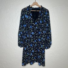 Banana Republic Women's Black Floral V-Neck Dress Sheer Sleeves Size Large