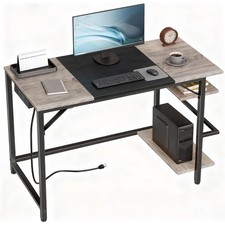 Computer Desk, Home Office Desk with Power Outlet, Writing Desk with 2 Shelves