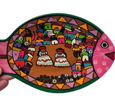 Vintage Mexican Folk Art Clay Pottery Hand Painted Fish Plate Wall Hanging