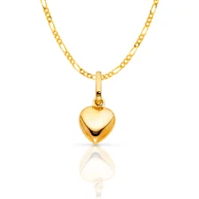 14K Yellow Gold Plain Heart Charm Pendant with 1.6mm Figaro 3+1 Chain Necklace