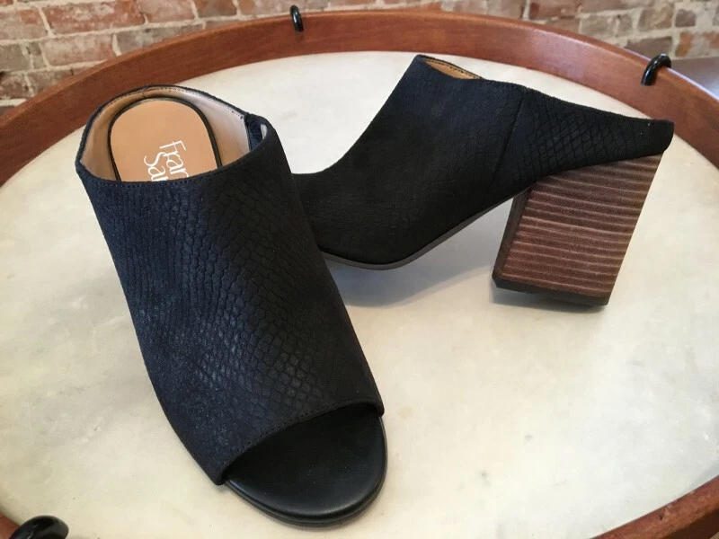 Franco Sarto Black Snake Emboss Suede Firefly Peep toe Mules New