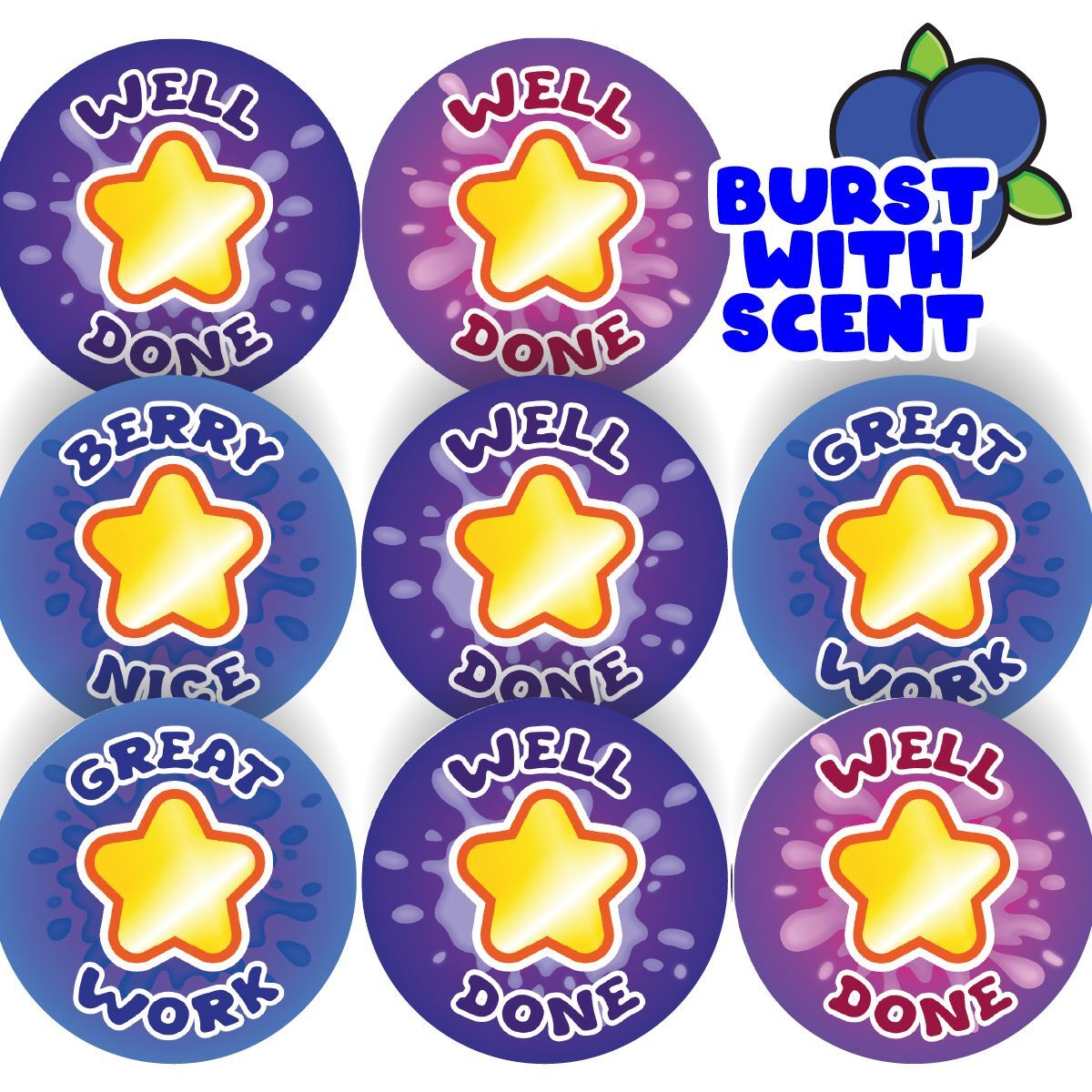 120 Mixed Berry Star Burst 30mm Scented Reward Stickers for Teachers, Party Bags