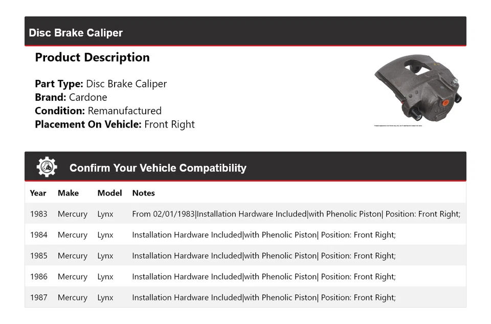 Pinza de freno de disco delantera derecha Cardone 1984 1985 1986 Mercury Lynx 1983-1987 Foto 2 de 4