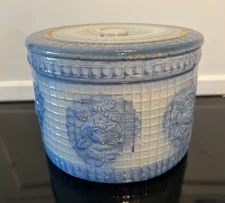 Antique McCoy Blue & White Waffle Weave Butter Crock or Salt Box w/ Raised Roses