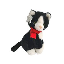 Russ Berrie Tuxedo Cat Plush Stuffed Animal Sasha Red Bow Black White 10  Vtg