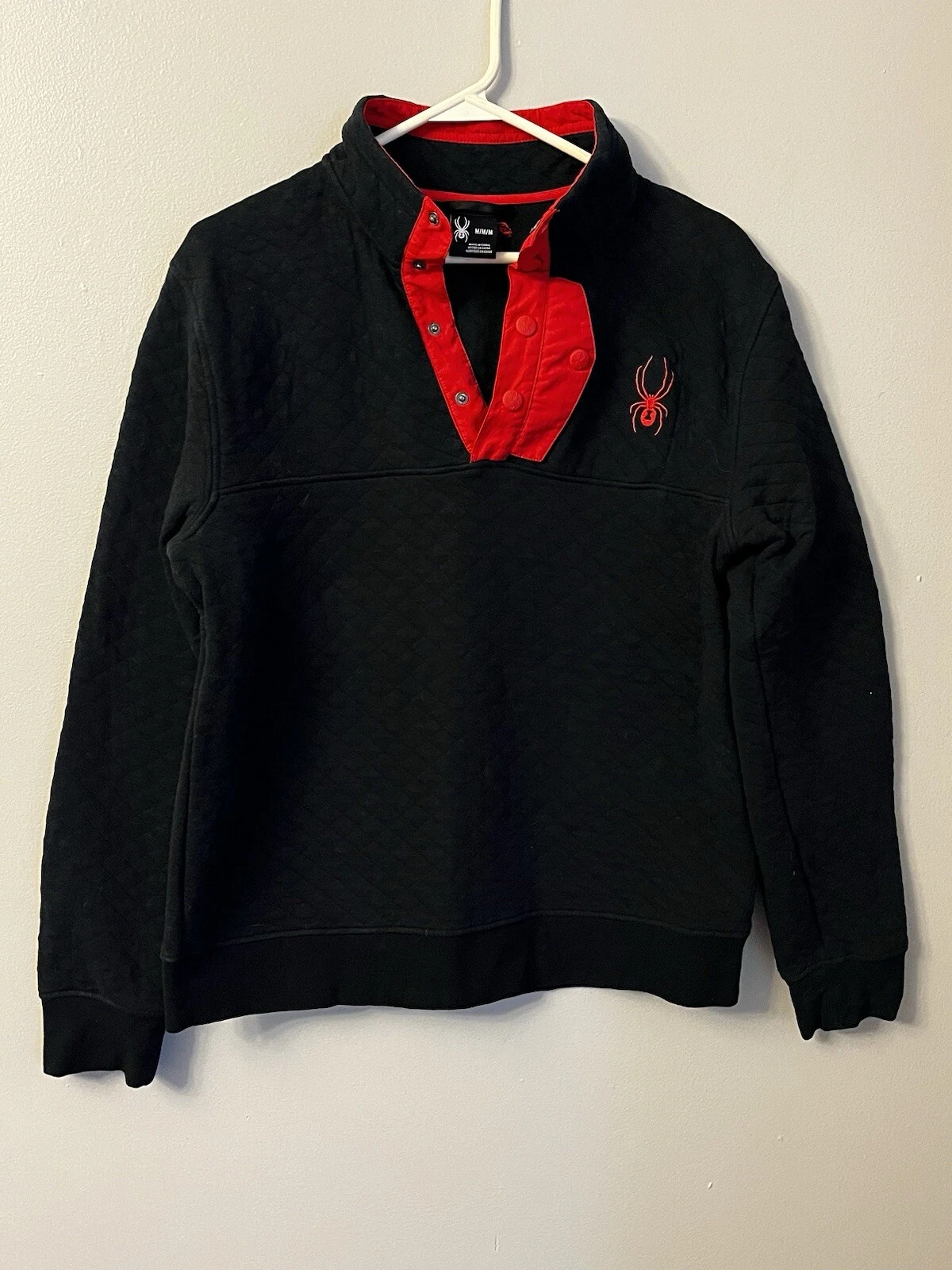 Spyder Quilted Pullover Fleece Sweater Sweatshirt 1/4 Button Black Red Size M