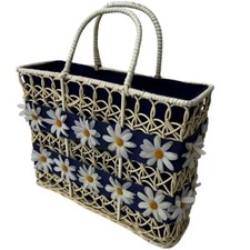 VTG Wicker Daisy Flower Purse Large White Blue Romantic Square 60s 50s Mod Retro