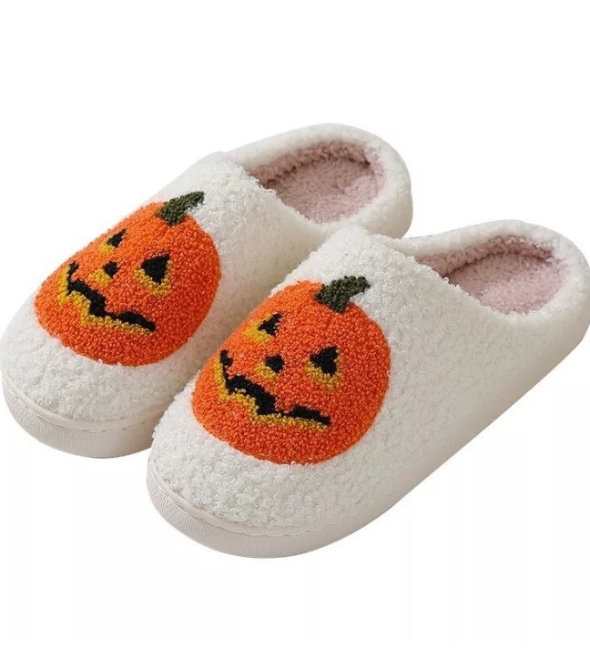 Halloween Pumpkin Slippers Soft House Shoes - White-image