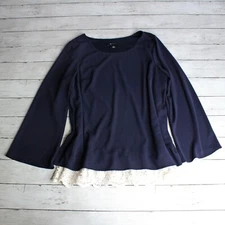 AB Studio Women's Navy Blue Tunic Top Size L Long Sleeves White Lace