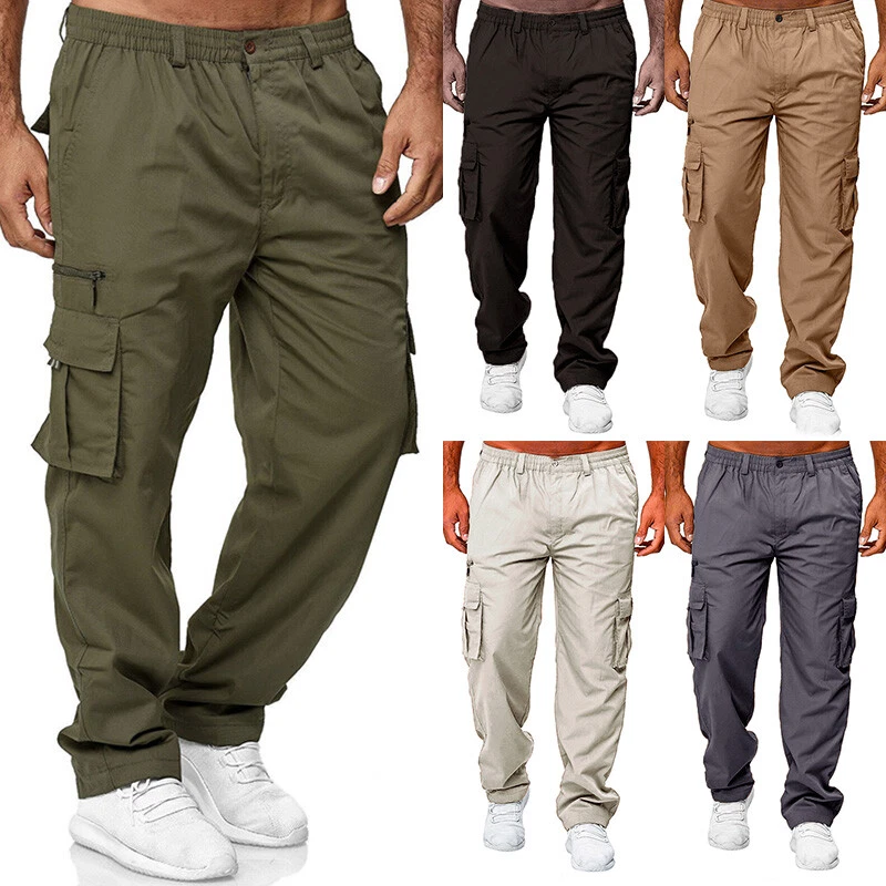 Mens Stretch Cargo Combat Work Pants Multi Pockets Elastic Waist Trousers  New