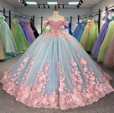 3D Flowers Sky Blue Quinceanera Dresses with Pink Appliques Big Bow Ball Gowns