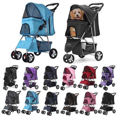 3/4 Wheels Foldable Pet Stroller Puppy Stroller with Storage Basket & Cup Holder