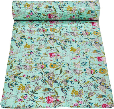 Floral Print Twin Kantha Quilt Indian handmade Bedspread throw Cotton Gudri