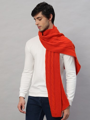 Men's WINTER CASHMERE KNITTED SCARF SOLID ORANGE Made in India Soft Wool Wrap - Afbeelding 2 van 7