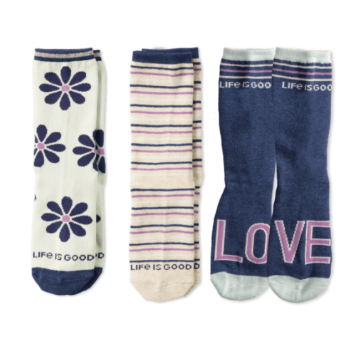 Life Is Good 3 Pack Girls DAISY LOVE Crew Socks Small 7 to 10 Blue Green Pink - Picture 1 of 7