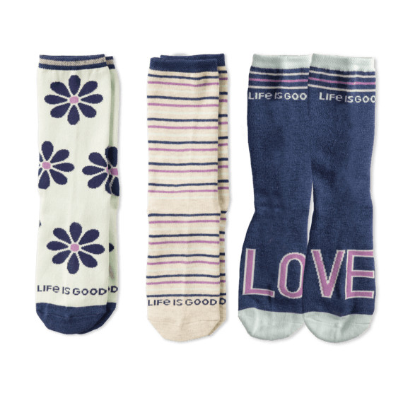 Life Is Good 3 Pack Girls DAISY LOVE Crew Socks Medium 10 to 13 Blue Green Pink