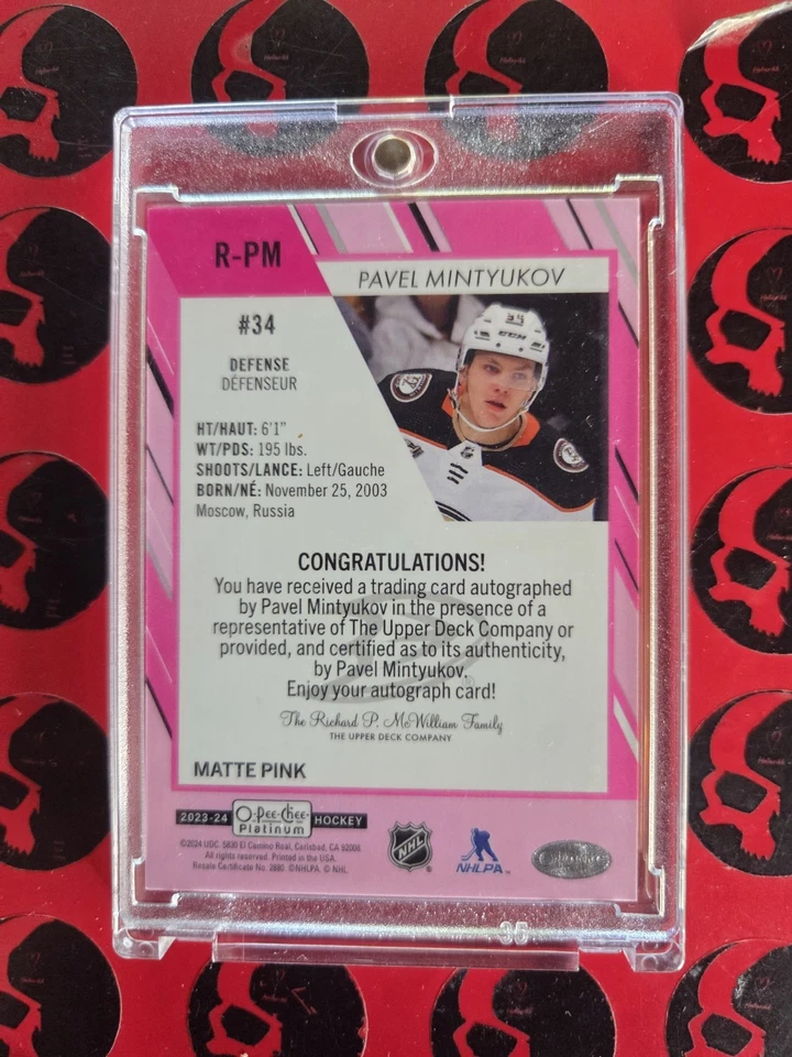 2023-24 Pavel Mintyukov Platinum Matte Pink Auto #R-PM O-Pee-Chee Rookie OPC UD - Image 2 of 2