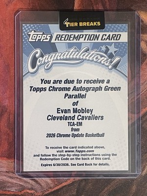 2025-26 Topps Chrome Update Evan Mobley Redemption Auto True Green Refractor /99