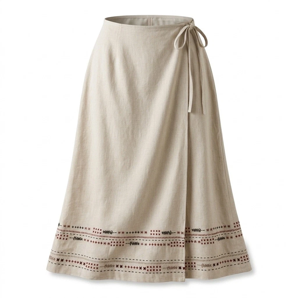 Nordstrom Linen Wrap Skirt 14 Boho Coastal Grandma Cottagecore Embroidered Hem