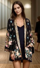 NEW Johnny Was 490 L Large Kimono Black Gold Sequin Jacket Tiger Silk Lined