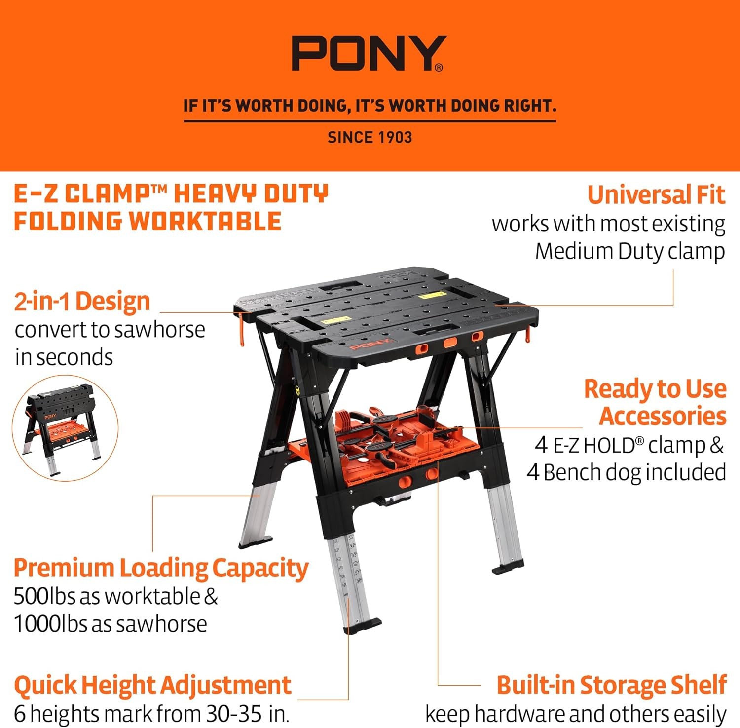 Pony Portable Folding Work Table, 2-in-1 as Sawhorse & Workbench, 31” W×25”