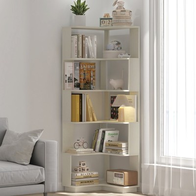 6-Tier L-Shaped Corner Bookshelf, White Wooden Bookcase with Anti-Tip Design